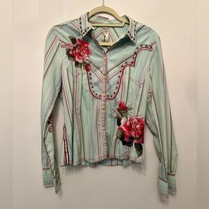 Johnny Was 3J Workshop Aqua Western Embroidered Shirt